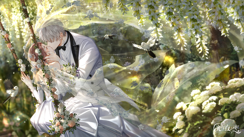 1boy, 1girl, artist_request, backless_dress, backless_outfit, bare_back, bare_shoulders, bird, blurry, blurry_background, bouquet, bridal_gauntlets, bridal_veil, brown_hair, closed_eyes, collared_shirt, copyright_name, cowboy_shot, depth_of_field, dress, dutch_angle, falling_petals, flower, from_behind, hand_on_another's_cheek, hand_on_another's_face, highres, holding, holding_bouquet, jewelry, kiss, light_and_night_love, long_dress, official_art, outdoors, petals, pink_flower, pink_rose, protagonist_(light_and_night_love), qi_sili, ring, rose, shirt, short_hair, sidelighting, sitting, standing, strapless, strapless_dress, swing, tuxedo, veil, vest, wedding, wedding_dress, wedding_ring, white_bridal_gauntlets, white_dress, white_flower, white_hair, white_rose, white_shirt, white_vest, wisteria