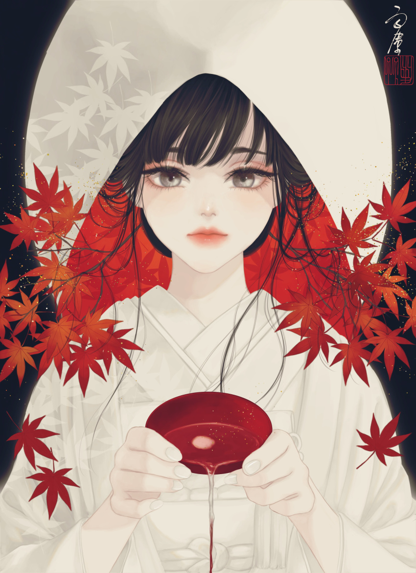 1girl, absurdres, alcohol, autumn_leaves, bangs, black_background, bride, brown_eyes