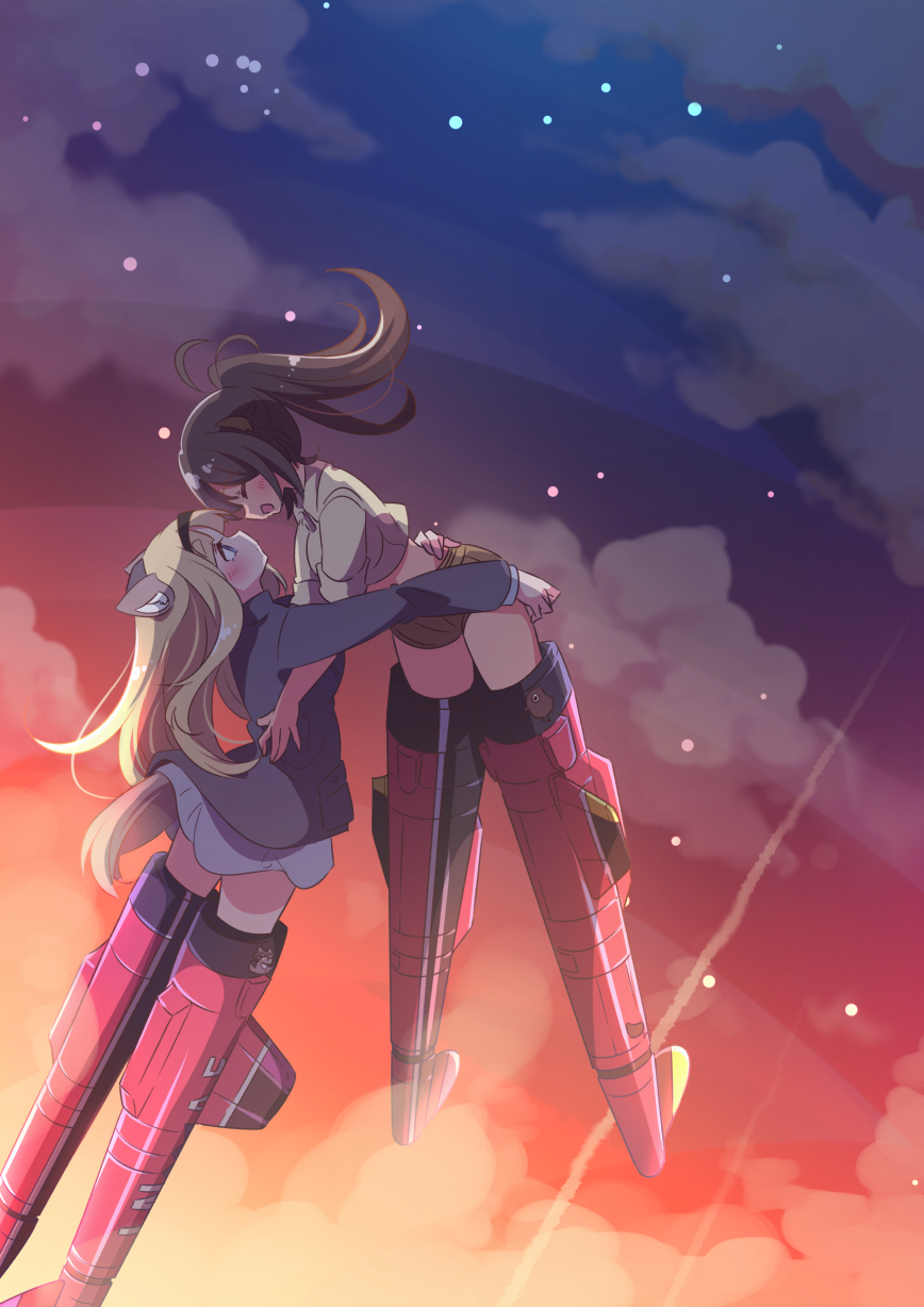 2girls, animal_ears, black_hair, blonde_hair, blue_eyes, blush, brown_shorts, closed_eyes