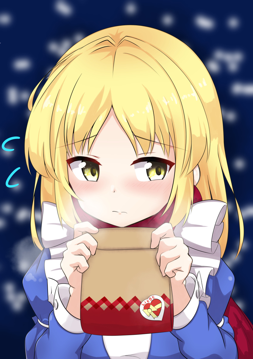 1girl, absurdres, bag, blonde_hair, blue_dress, blush, breasts, closed_mouth