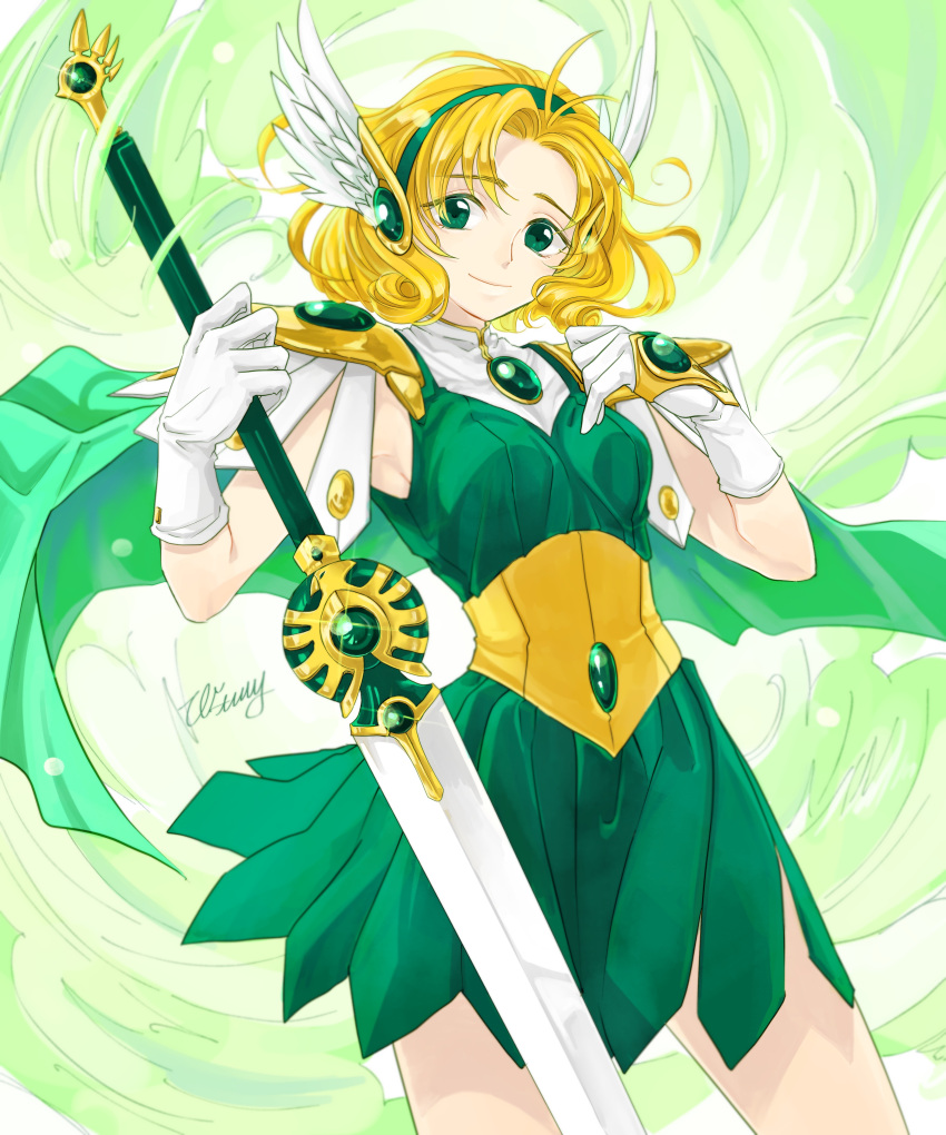 1girl, absurdres, antenna_hair, blonde_hair, closed_mouth, cowboy_shot, dress, feet_out_of_frame, female, gem, gloves, green_dress, green_eyes, green_gemstone, green_hairband, hairband, head_wings, highres, holding, holding_sword, holding_weapon, hououji_fuu, long_hair, looking_at_viewer, magic_knight_rayearth, pinafore_dress, shiny, shiny_hair, short_dress, signature, sleeveless, sleeveless_dress, smile, solo, standing, sword, underbust, wata_miya_(shiro_momen), weapon, white_gloves, winged_hairband