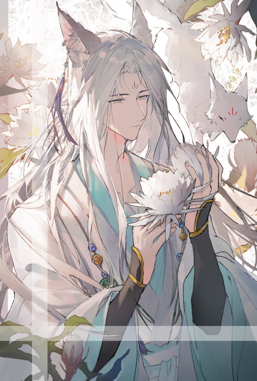 1boy, absurdres, animal_ears, blue_gemstone, chinese_clothes, earrings, facial_mark, flower