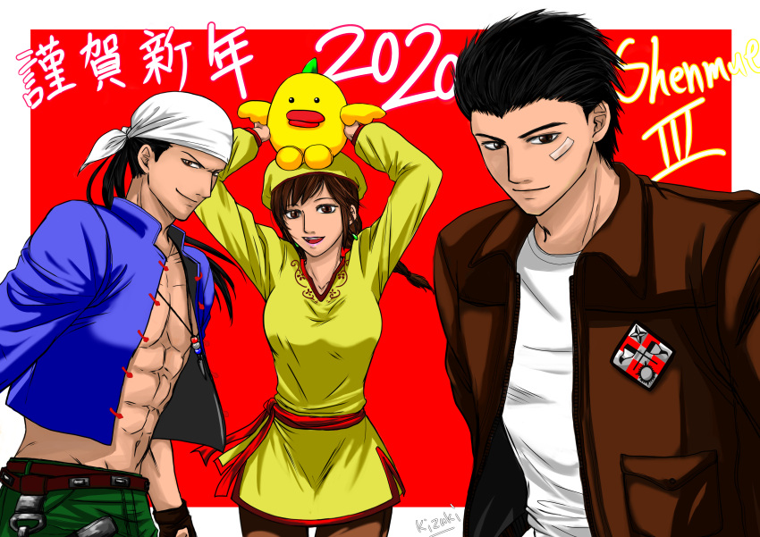 1girl, 2boys, absurdres, bandage_on_face, bandages, bandana, bangs, belt
