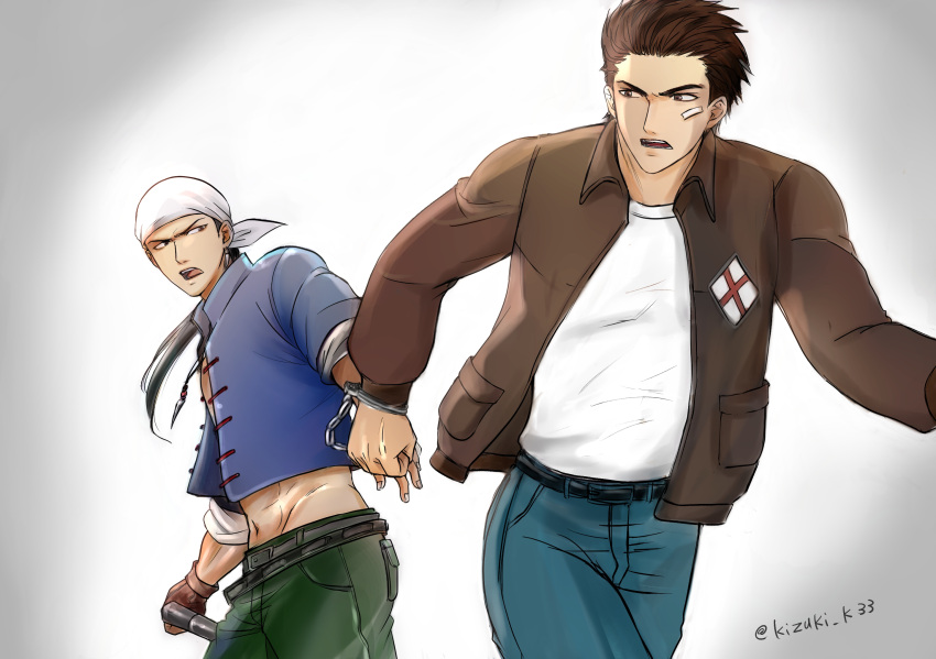 2boys, bandana, blue_shirt, brown_eyes, brown_hair, brown_jacket, chinese_clothes, cuffs