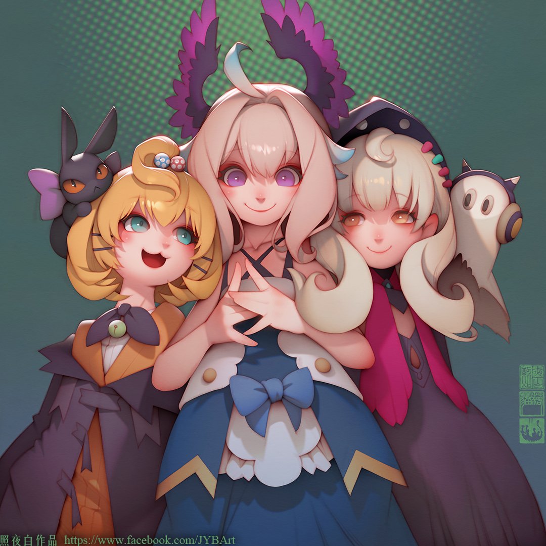 3girls, ahoge, bangs, black_cat, black_coat, black_dress, blonde_hair, blue_dress