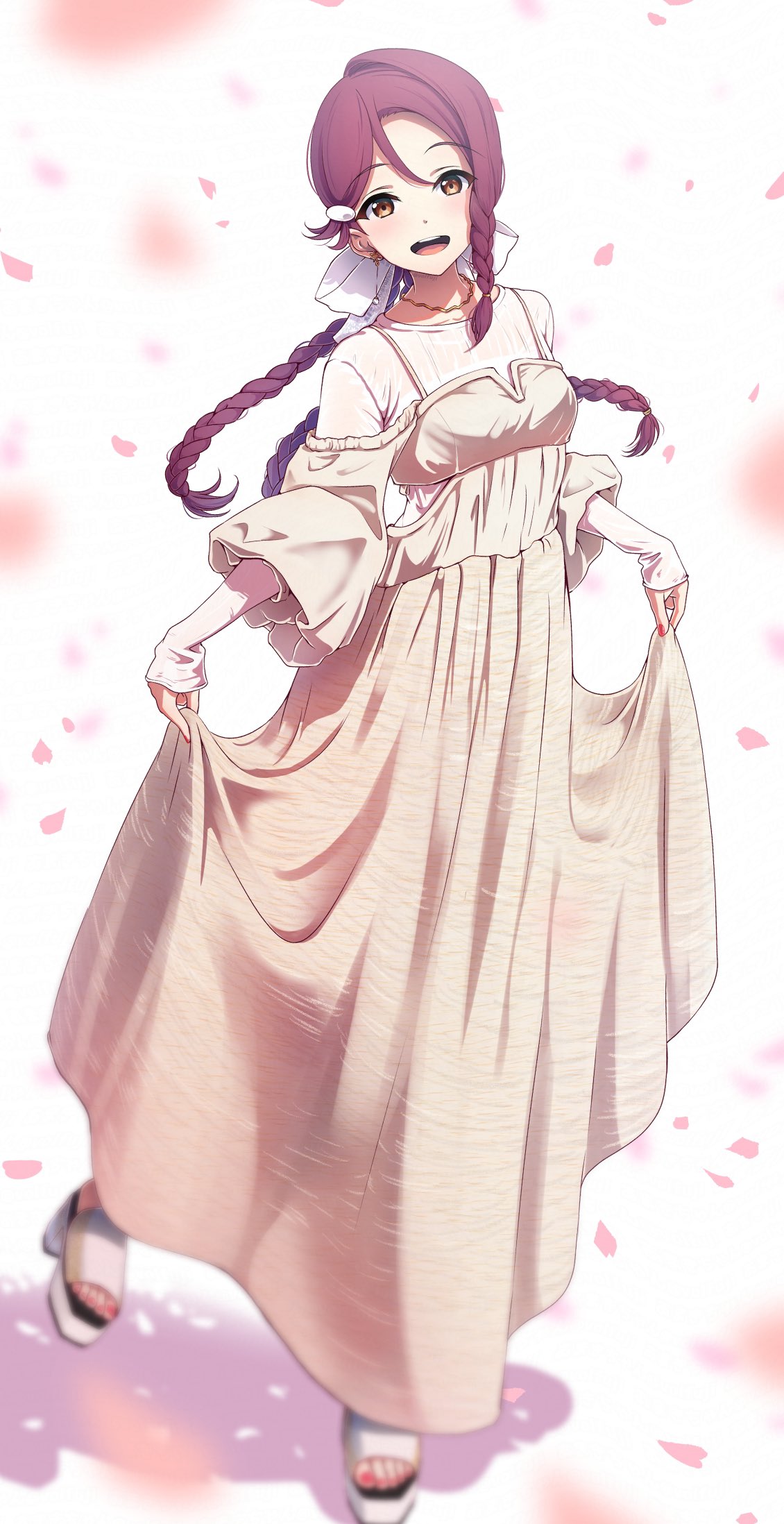 1girl, amagi_(volfuji), blurry, bow, braid, brown_dress, brown_eyes, commentary