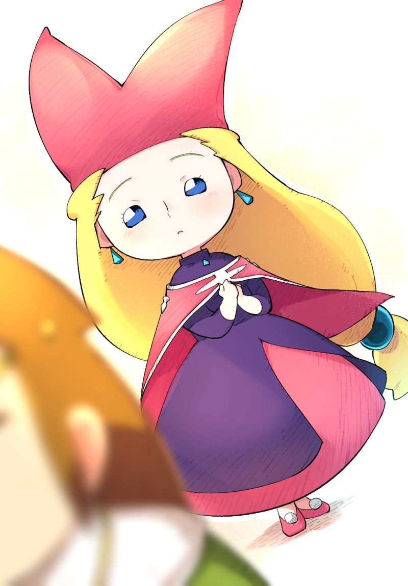 1boy, 1girl, blonde_hair, blue_eyes, blurry, blurry_foreground, brown_hair, cape