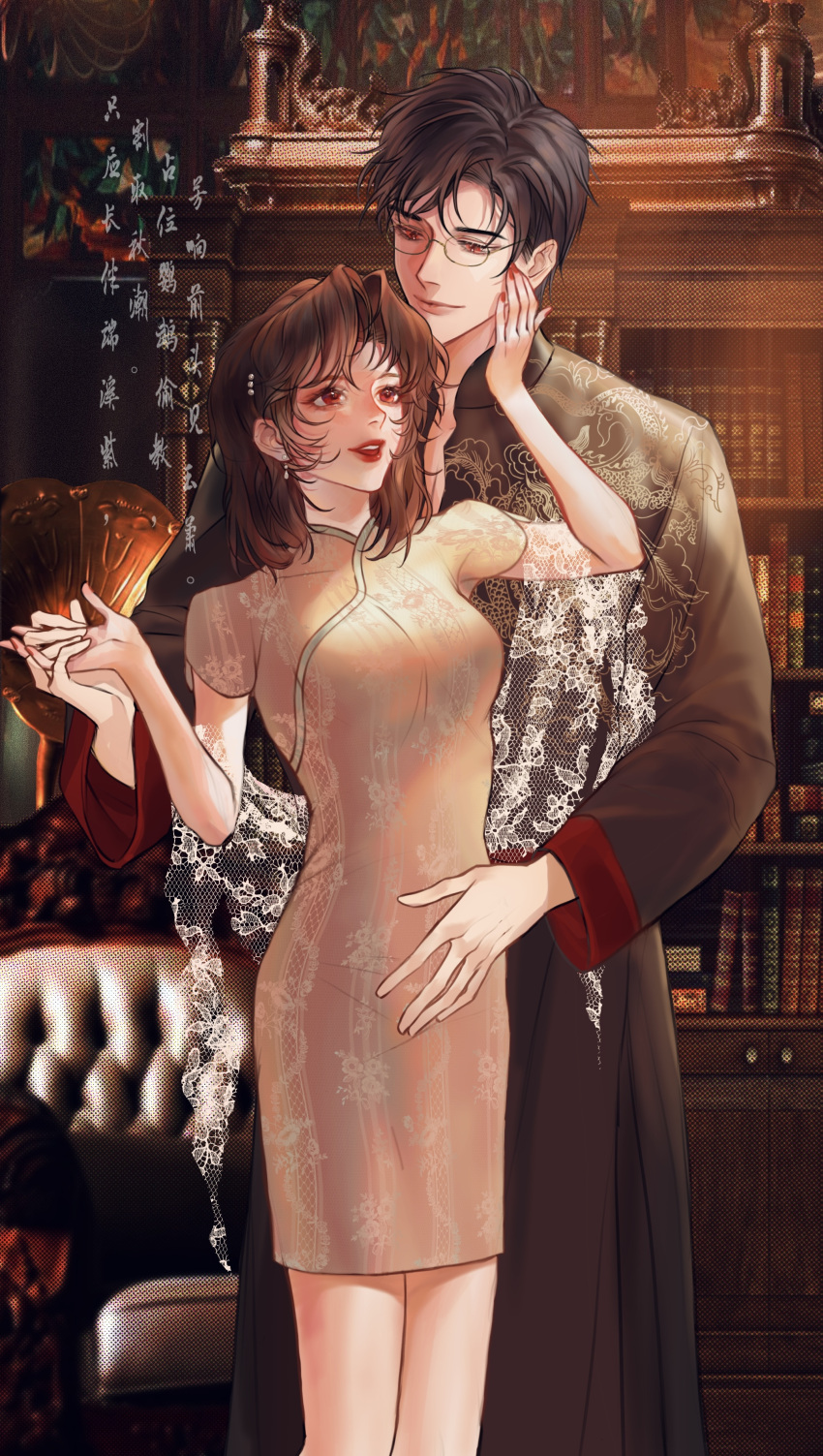 1boy, 1girl, absurdres, black_hair, brown_hair, china_dress, chinese_clothes, dress