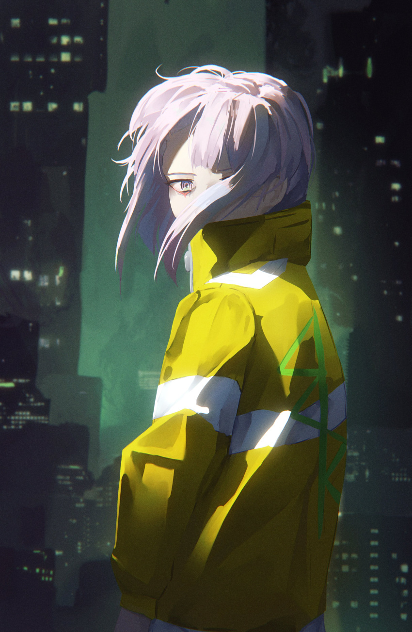 1girl, absurdres, alternate_costume, bangs, building, city, cityscape, collared_jacket, covered_mouth, cyberpunk, cyberpunk_(series), cyberpunk_edgerunners, dark, facing_away, floating_hair, hair_over_one_eye, high_collar, highres, jacket, light, looking_at_viewer, looking_back, lucy_(cyberpunk), mayushuuu, one_eye_covered, parted_bangs, shadow, sidelocks, skyline, skyscraper, solo, standing, wind, yellow_jacket