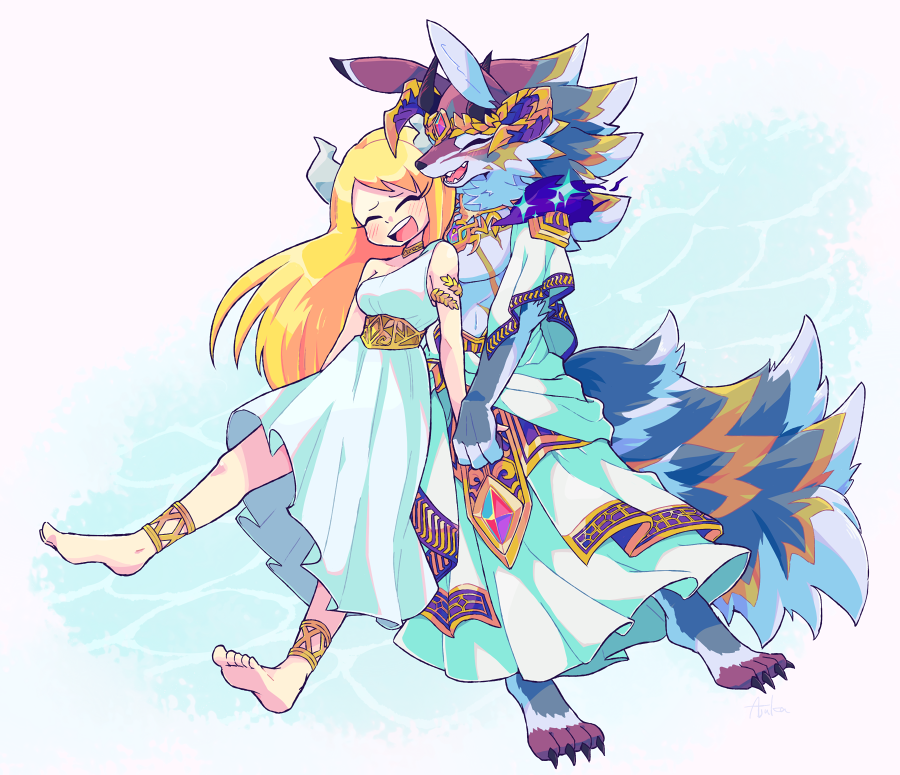 1boy, 1girl, ajuka, alternate_costume, animal_ears, ankleband, astarte_(housamo), bael_(housamo)