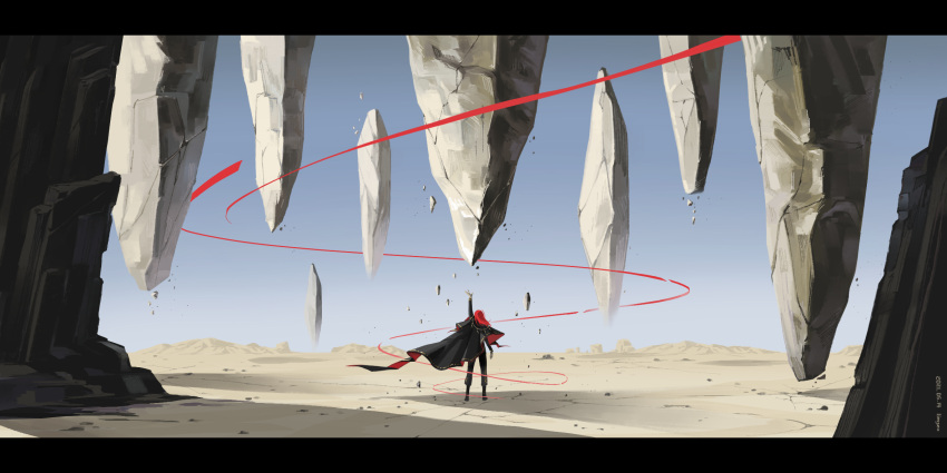 1boy, arm_up, cale_henituse, cape, clear_sky, crack, floating, floating_rock, full_body, highres, korean_commentary, levitation, limlimg3u, long_hair, lout_of_count's_family, reaching_out, redhead, scenery, shadow, sky, solo