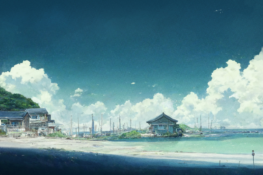 absurdres, beach, blue_sky, building, clouds, day, gerar_dc, grass, highres, horizon, nature, no_humans, ocean, original, outdoors, sand, scenery, sky, tree