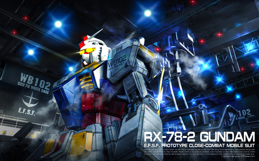 3d, character_name, earth_federation, earth_federation_space_forces, emblem, english_commentary, english_text, fog, glowing, glowing_eyes, gun, gundam, hangar, highres, insignia, lights, logo, machine_gun, machinery, mecha, michaellee4, mobile_suit, mobile_suit_gundam, muzzle, no_humans, realistic, robot, rx-78-2, science_fiction, smoke, upper_body, weapon, yellow_eyes