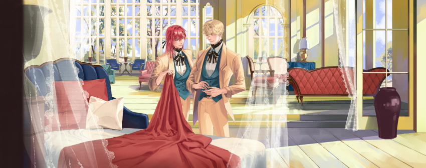 2boys, absurdres, alberu_crossman, bed, bed_sheet, blonde_hair, brown_eyes, cale_henituse