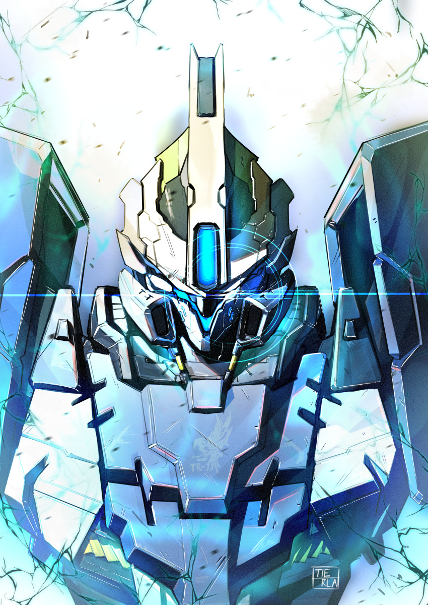 absurdres, artist_name, assault_visor, glowing, highres, kuri_giepi_(style), looking_at_viewer, mecha