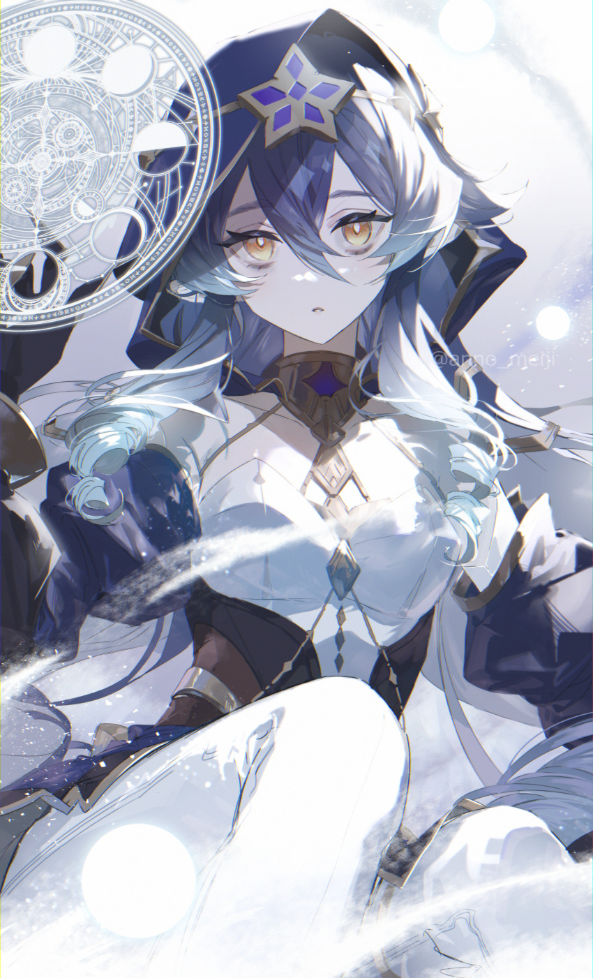 1girl, absurdres, bangs, bare_shoulders, black_gloves, blue_hair, blue_hood, breasts