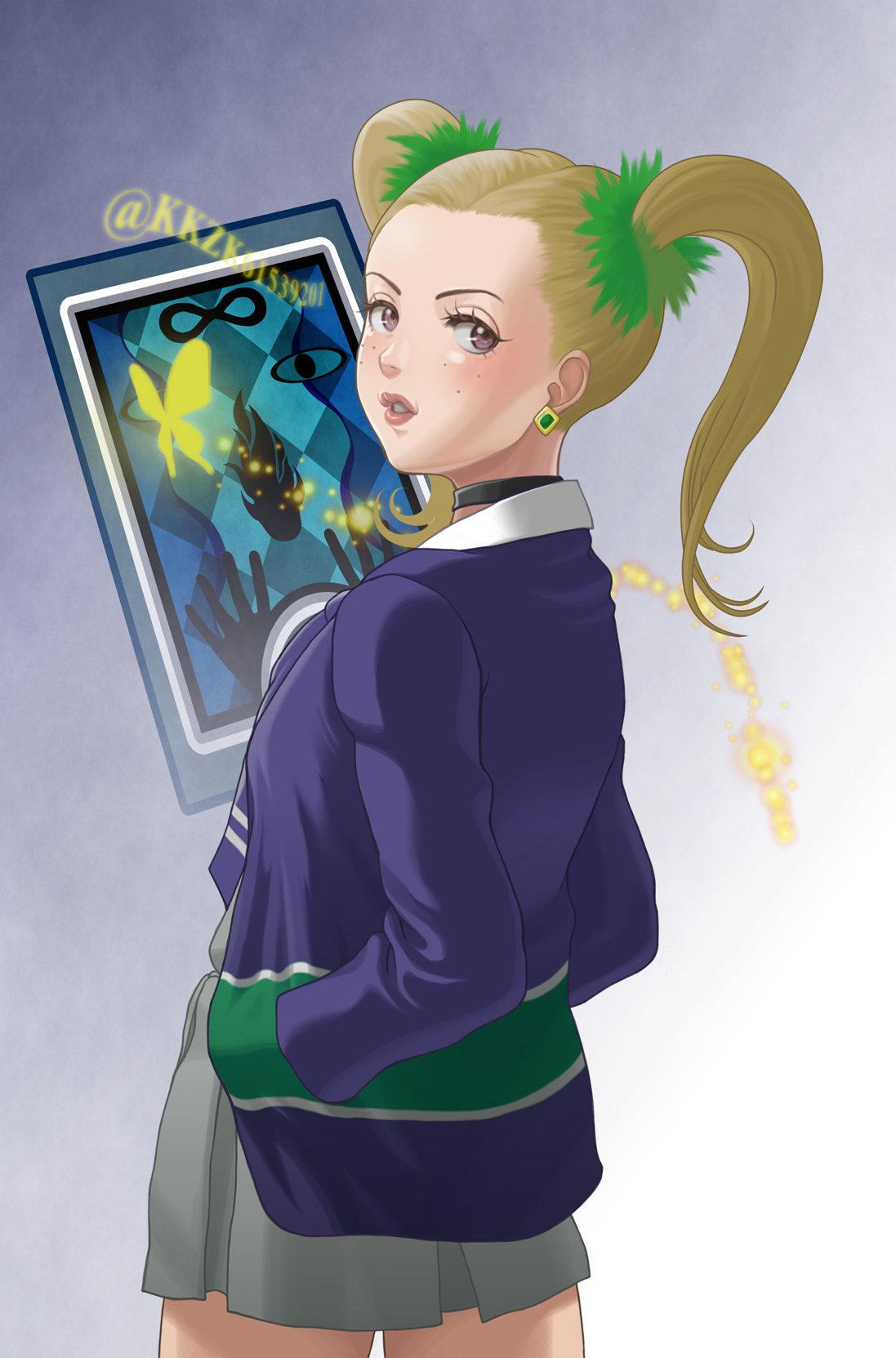 1girl, ayase_yuka, blonde_hair, brown_eyes, choker, earrings, freckles, hair_ornament, hands_in_pockets, highres, jewelry, kkzk61539201, long_hair, looking_at_viewer, necktie, persona, persona_1, school_uniform, simple_background, skirt, solo, st._hermelin_school_uniform, twintails