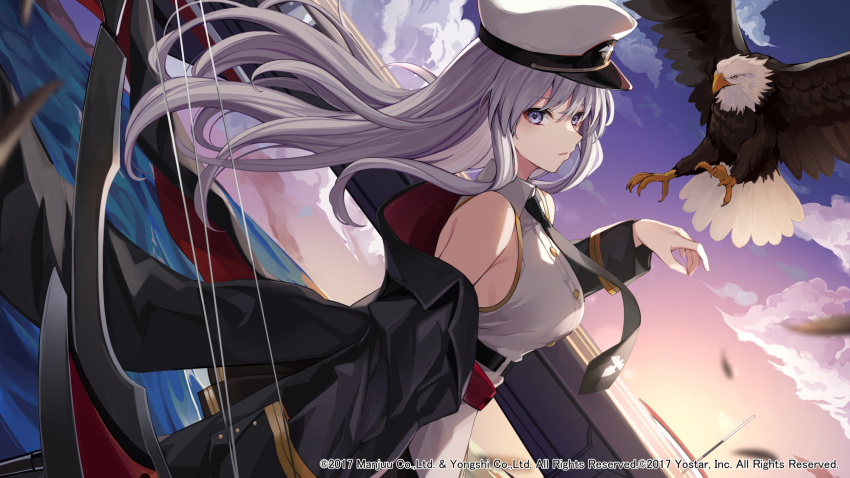 1girl, azur_lane, bald_eagle, bird, black_coat, black_necktie, bow_(weapon), clouds