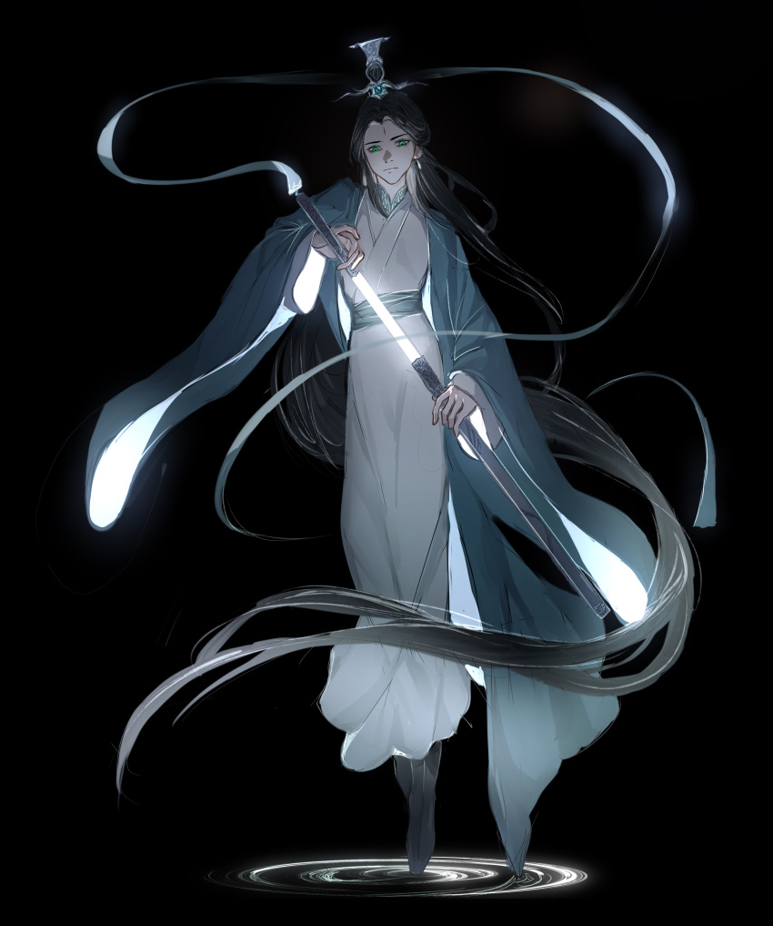 1boy, absurdly_long_hair, absurdres, black_background, black_hair, chinese_clothes, earrings, facial_mark, forehead_mark, full_body, green_eyes, highres, jewelry, kayaqing, long_hair, ren_zhafan_paijizu_xitong, sheath, shen_qingqiu, simple_background, solo, sword, unsheathing, very_long_hair, weapon, wide_sleeves