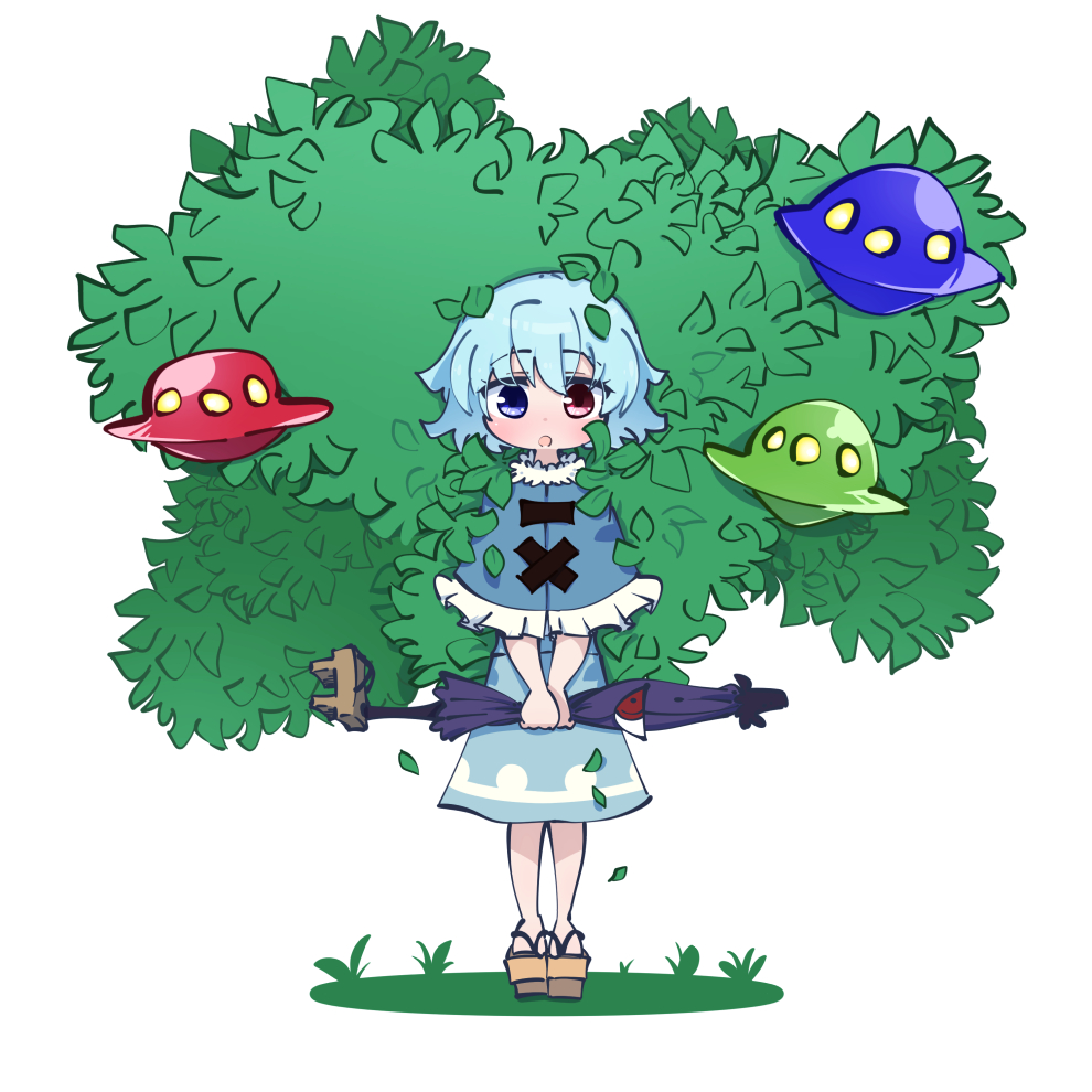 1girl, :o, blue_capelet, blue_eyes, blue_hair, brown_footwear, capelet, cookie_(touhou)