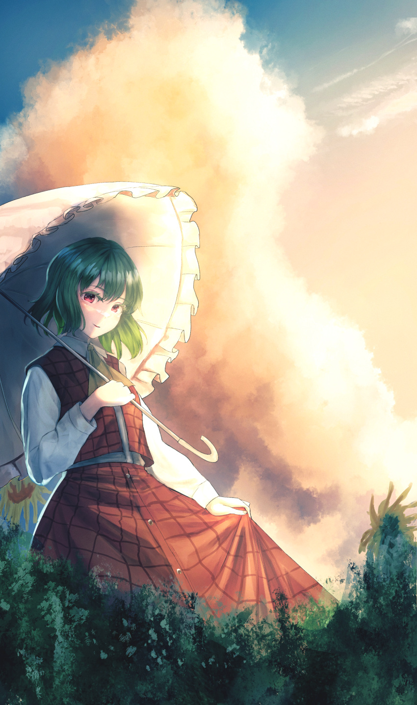 1girl, absurdres, ascot, closed_mouth, clouds, cloudy_sky, collared_shirt, green_hair