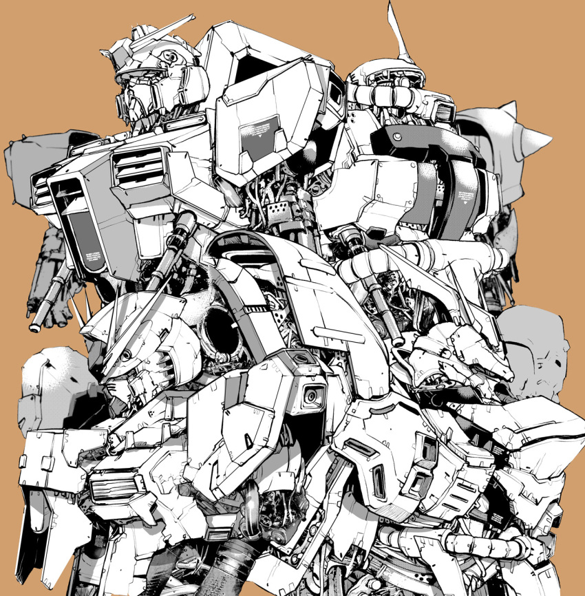char's_counterattack, greyscale_with_colored_background, gundam, highres, looking_to_the_side, mecha, mobile_suit, mobile_suit_gundam