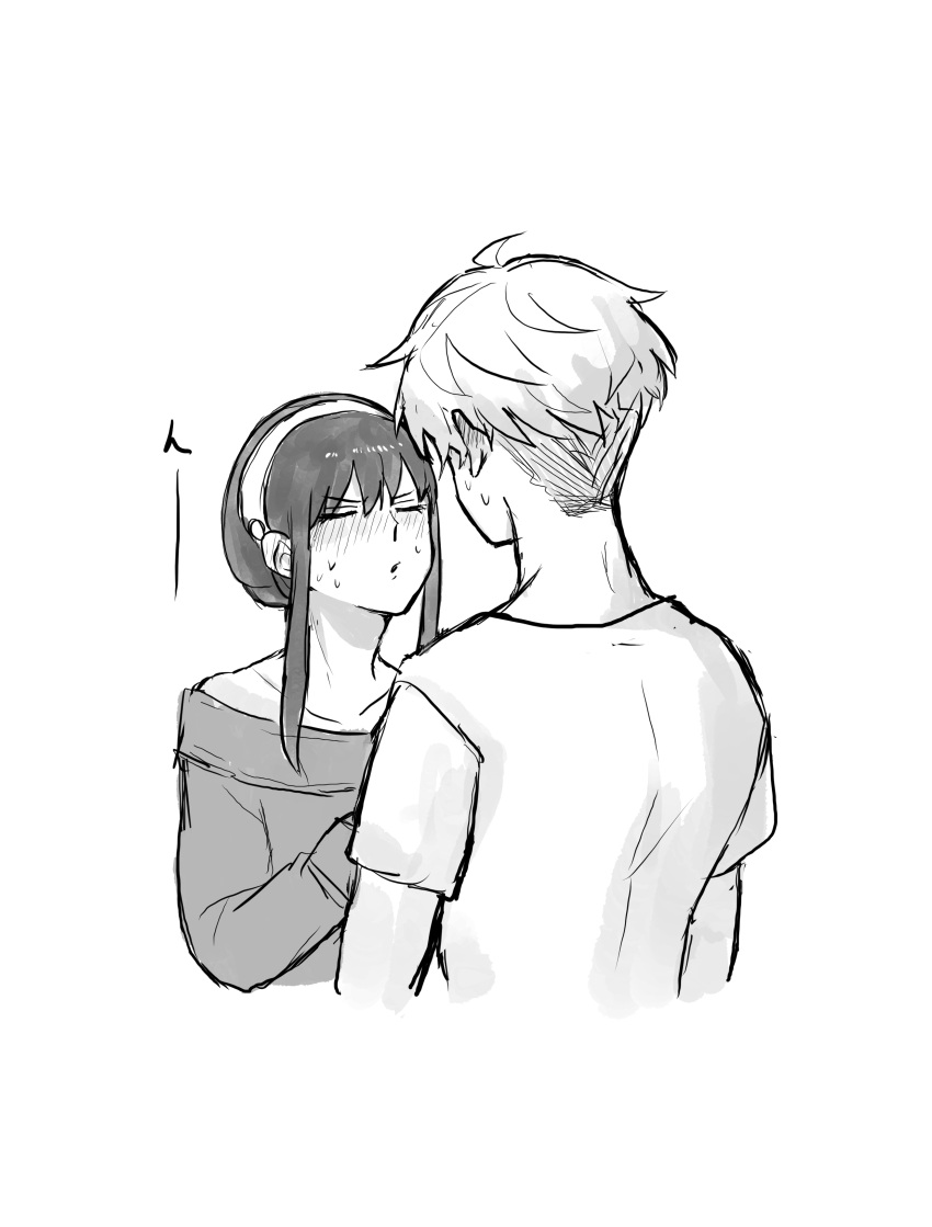 1boy, 1girl, absurdres, bangs, bare_shoulders, blush, closed_eyes, collarbone