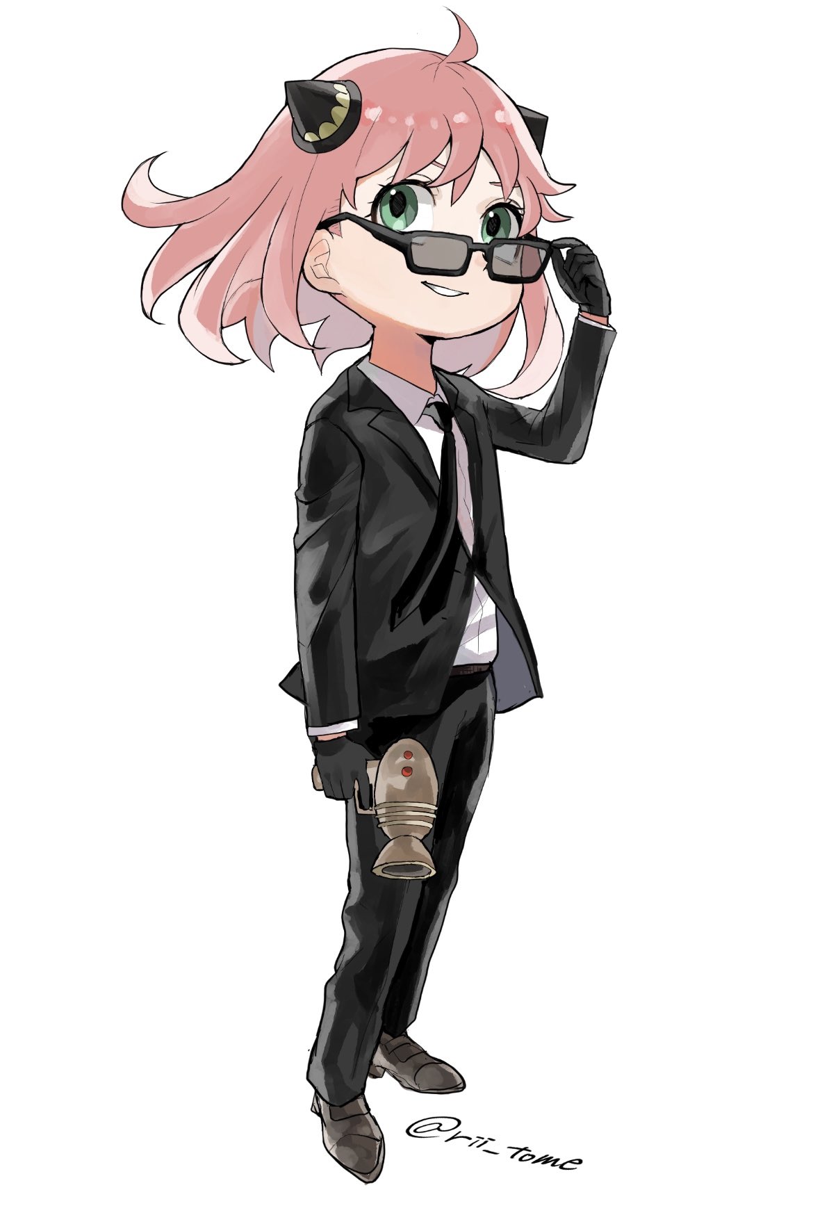 1girl, ahoge, alternate_costume, anya_(spy_x_family), artist_name, bangs, black_gloves, black_jacket