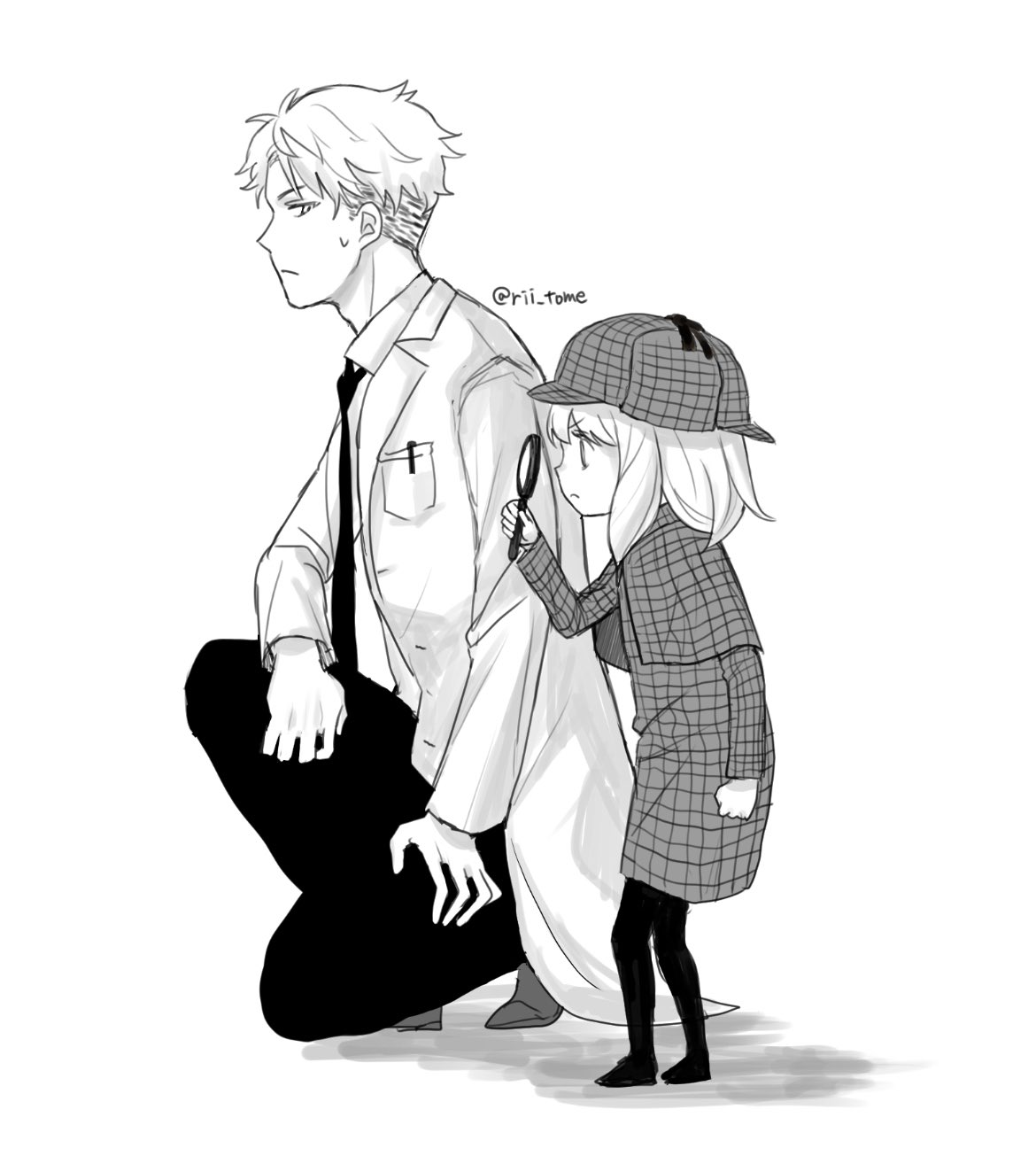 1boy, 1girl, alternate_costume, anya_(spy_x_family), artist_name, bangs, capelet, closed_mouth