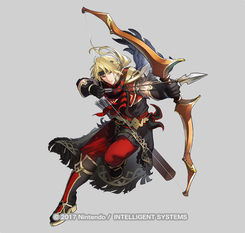 1boy, arrow_(projectile), bangs, black_footwear, black_gloves, black_headband, black_jacket, blonde_hair, boots, bow_(weapon), drawing_bow, fire_emblem, fire_emblem_heroes, full_body, gloves, grey_background, hair_between_eyes, headband, holding, holding_bow_(weapon), holding_weapon, jacket, jeorge_(fire_emblem), knee_boots, long_hair, low_ponytail, male_focus, official_art, pants, parted_bangs, parted_lips, ponytail, quiver, red_eyes, red_pants, riz3, short_sleeves, simple_background, solo, standing, standing_on_one_leg, watermark, weapon
