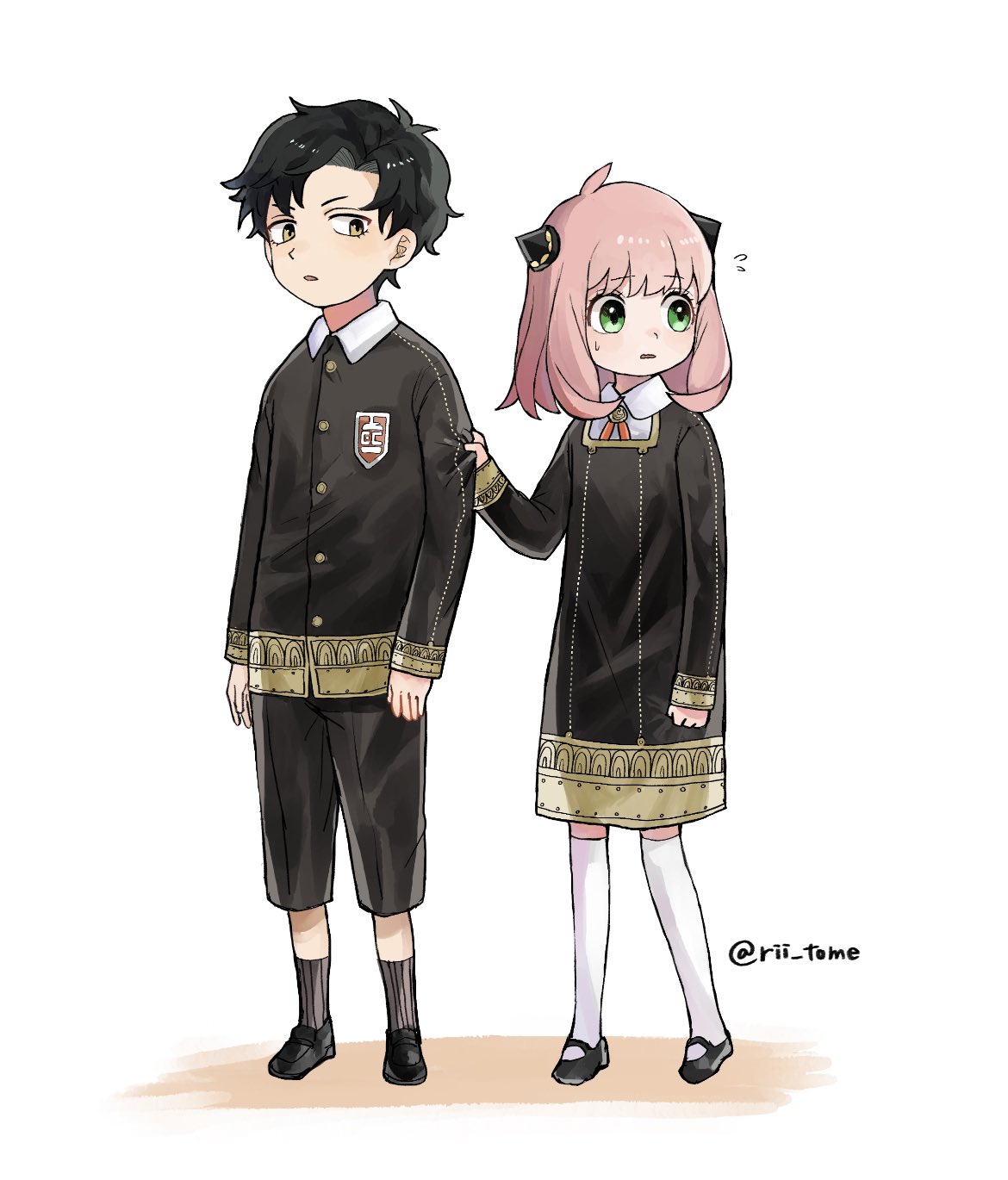 1boy, 1girl, ahoge, anya_(spy_x_family), artist_name, bangs, black_dress, black_footwear, black_hair, black_jacket, black_pants, brown_eyes, buttons, collared_shirt, commentary_request, damian_desmond, dress, flying_sweatdrops, full_body, green_eyes, grey_thighhighs, hair_between_eyes, hair_ornament, hairpods, hand_up, highres, jacket, long_sleeves, looking_at_another, looking_to_the_side, medal, open_mouth, pants, pink_hair, rii_tome, shirt, shoes, short_hair, simple_background, spy_x_family, standing, sweat, sweatdrop, thigh-highs, v-shaped_eyebrows, white_background, white_shirt