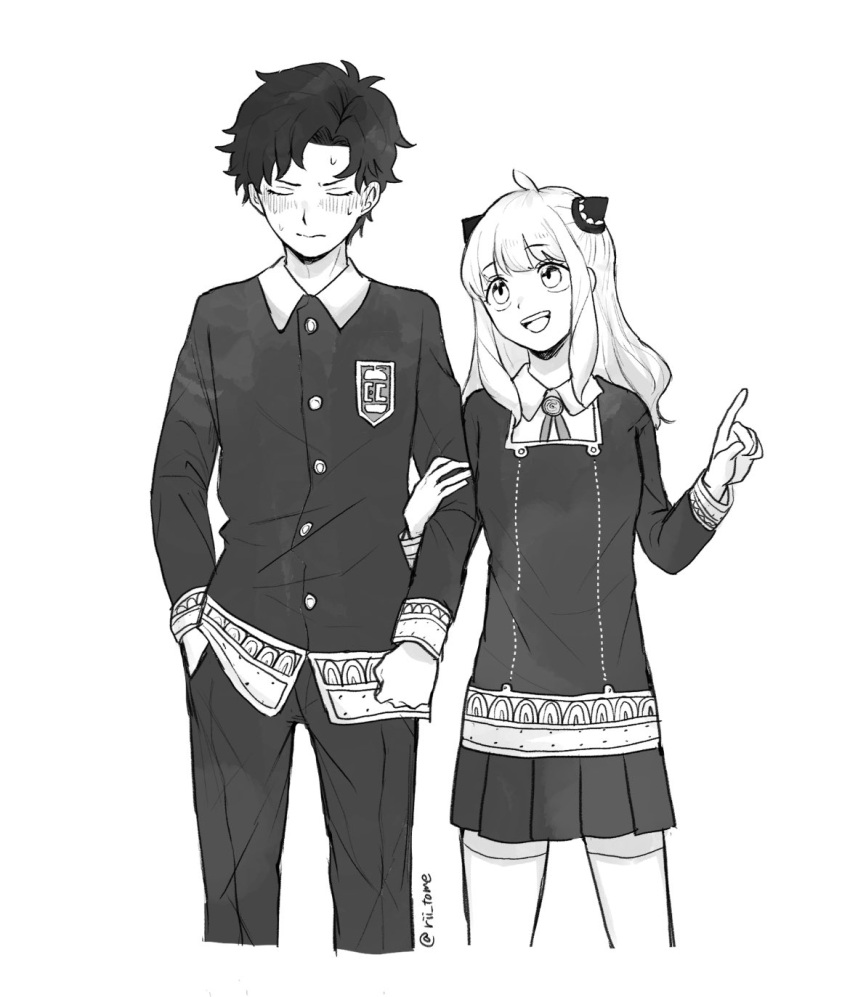 1boy, 1girl, aged_up, ahoge, anya_(spy_x_family), artist_name, bangs, blush, breasts, closed_eyes, closed_mouth, collared_shirt, damian_desmond, dress, greyscale, hair_ornament, hairpods, hand_in_pocket, hands_up, hetero, highres, jacket, long_sleeves, looking_at_another, medal, medium_breasts, medium_hair, monochrome, nervous, open_mouth, pants, pointing, rii_tome, shirt, short_hair, sidelocks, simple_background, smile, spy_x_family, standing, sweat, sweatdrop, teeth, thigh-highs, tongue, white_background