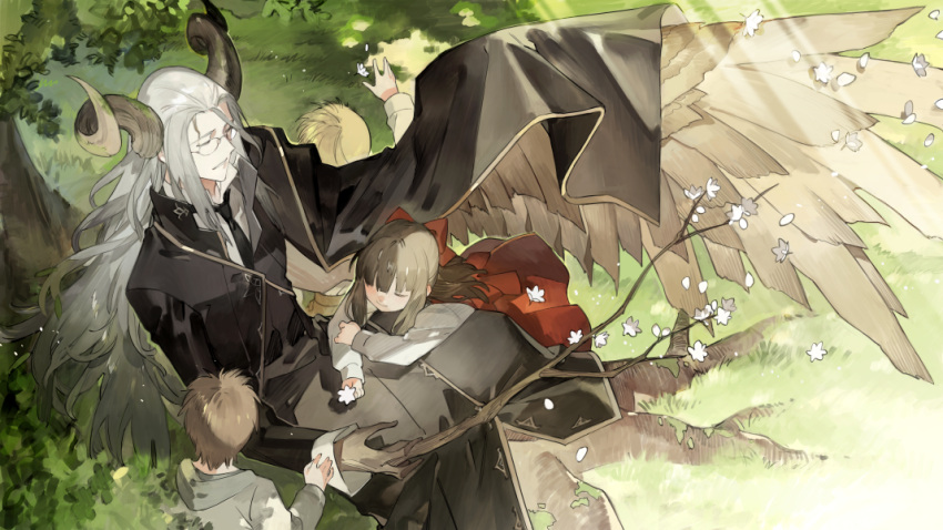 1girl, 3boys, black_coat, black_shirt, bow, brown_hair, brown_horns, brown_wings