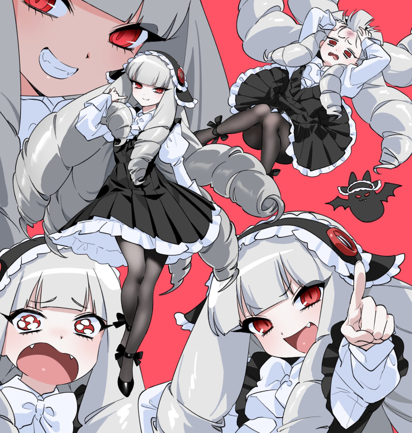 1girl, :d, bangs, black_pantyhose, blunt_bangs, bow, bowtie, drill_hair