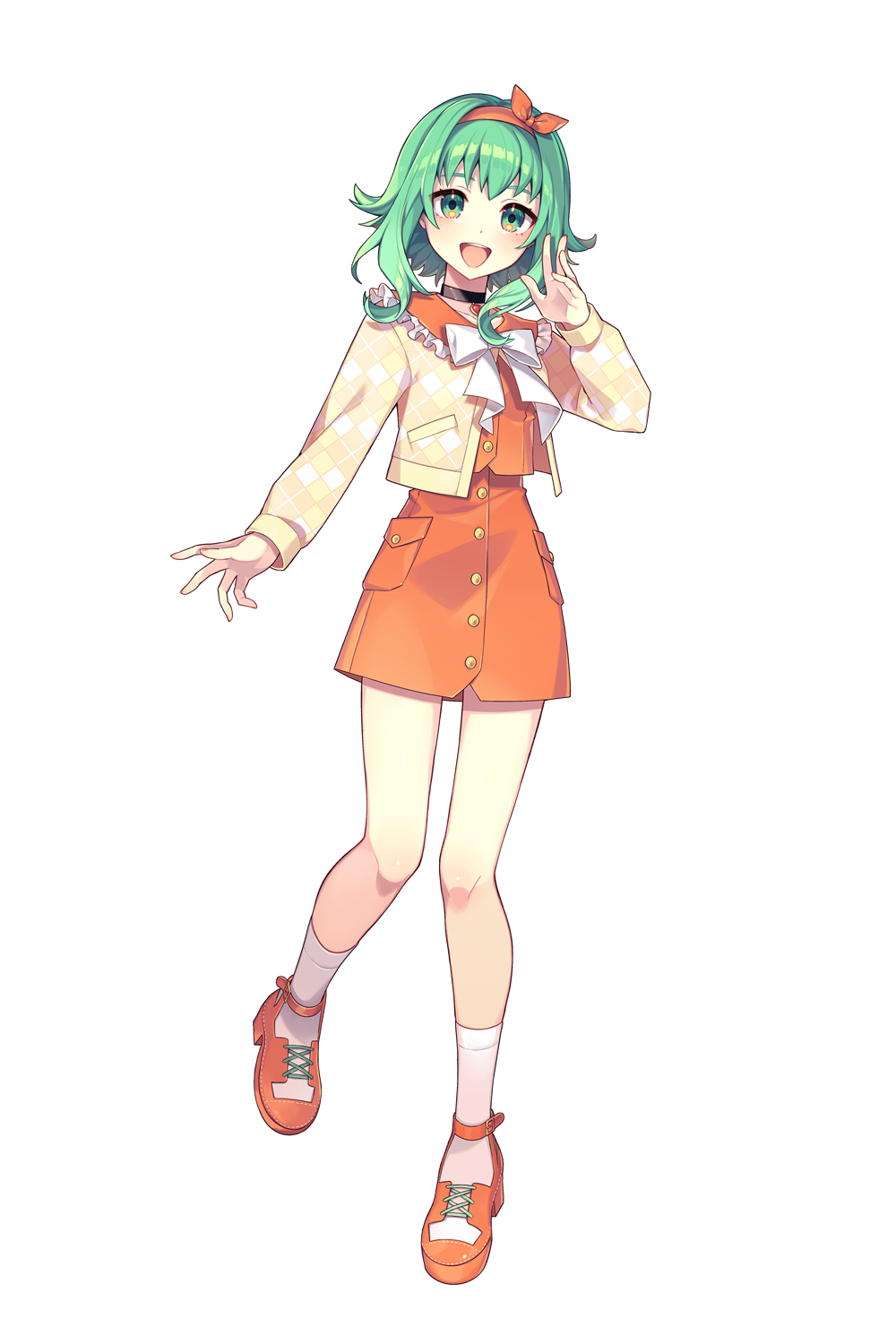 1girl, a.i._voice, ankle_socks, argyle_cardigan, arm_at_side, bangs, black_choker, bow