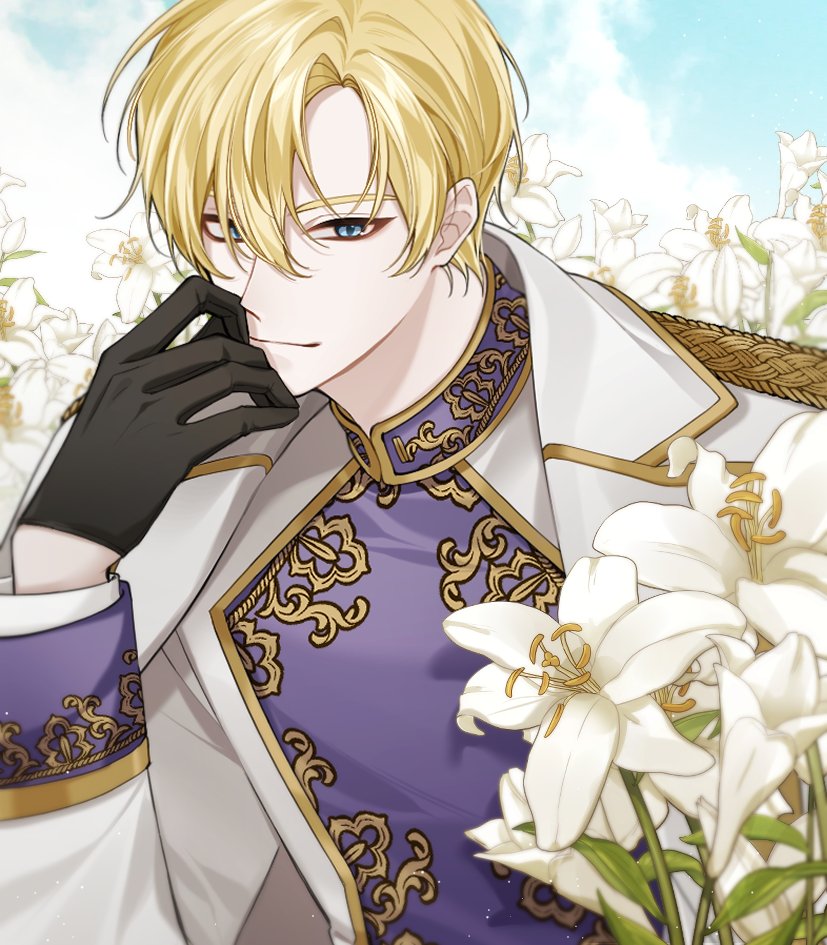 1boy, 99ghxst, alberu_crossman, black_gloves, blonde_hair, blue_eyes, flower, gloves