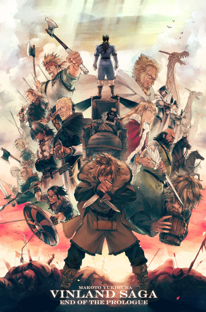 6+boys, armor, asgeir, askeladd, bjorn_(vinland_saga), blue_eyes, canute, everyone, floki, highres, multiple_boys, paladin, ragnar_(vinland_saga), sweyn_(vinland_saga), sword, thorfinn, thorkell, thors, viking, vinland_saga, warrior, weapon