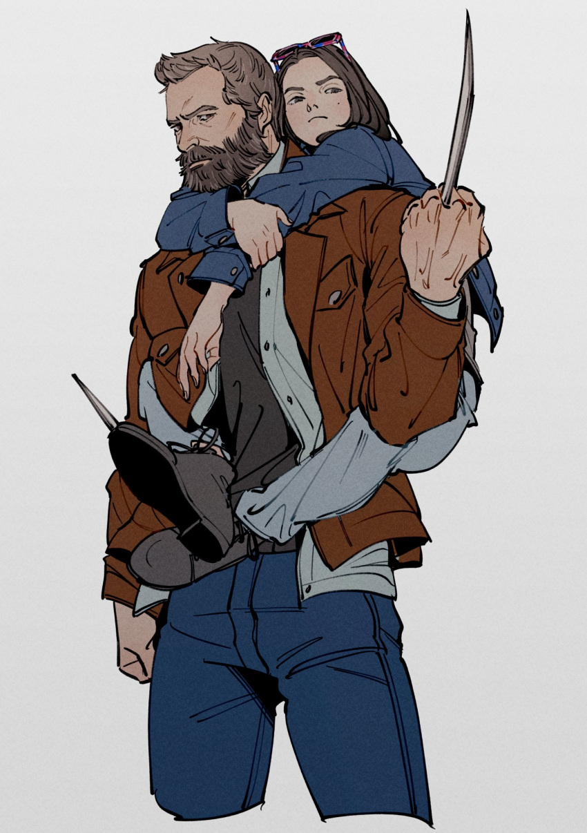 1boy, 1girl, beard, black_footwear, black_shirt, brown_hair, carrying, child