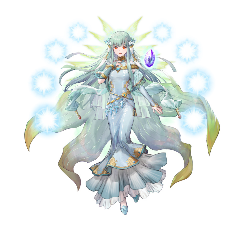 1girl, absurdres, aqua_hair, azu-taro, bangs, blue_dress, breasts, bridal_gauntlets