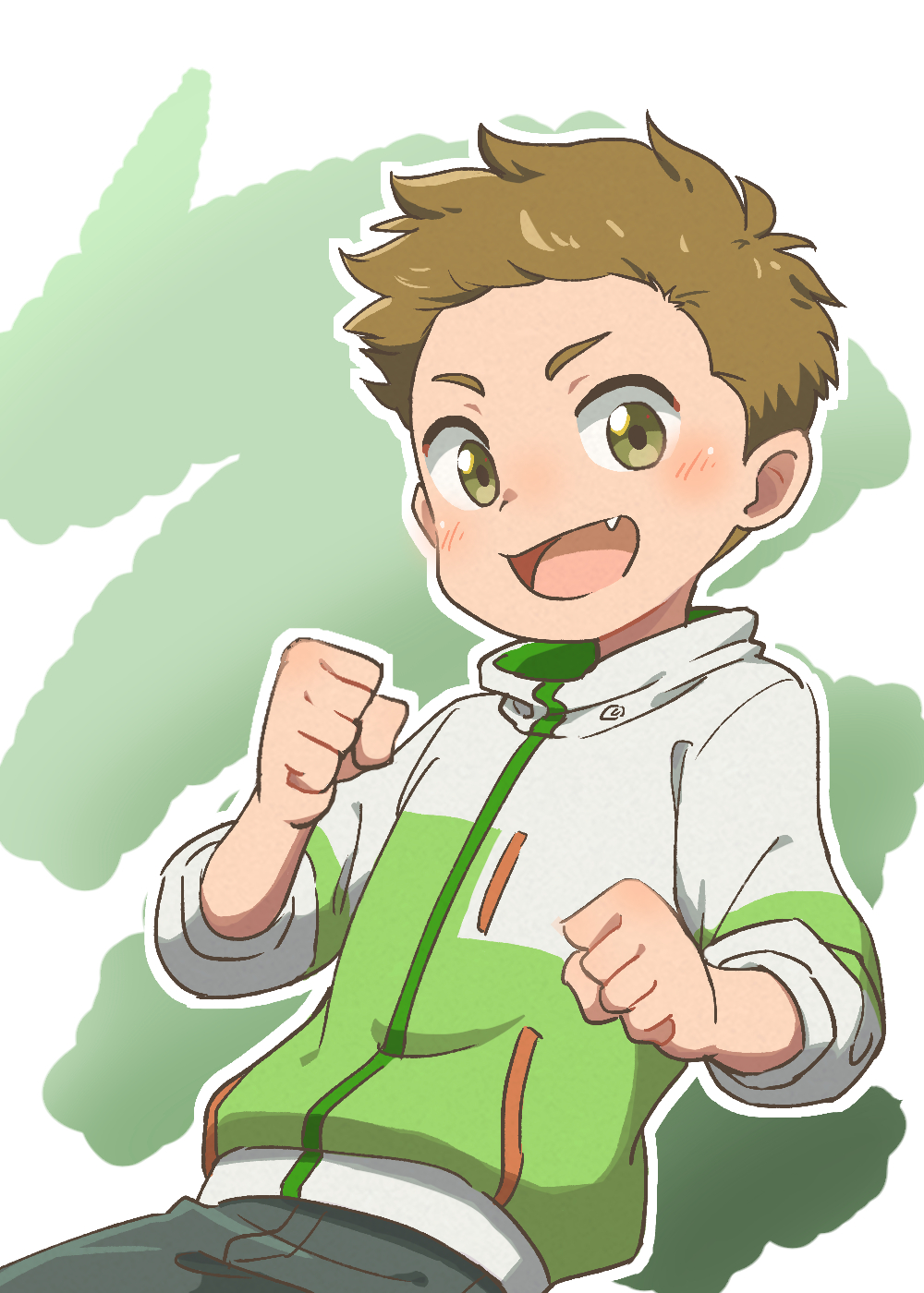 1boy, ame_wo_tsugeru_hyouryuu_danchi, blush, brown_hair, character_request, check_copyright, child, commentary_request, copyright_request, denim, fang, highres, jacket, jeans, looking_at_viewer, male_child, open_mouth, original, pants, short_hair, simple_background, smile, solo, tjugemu