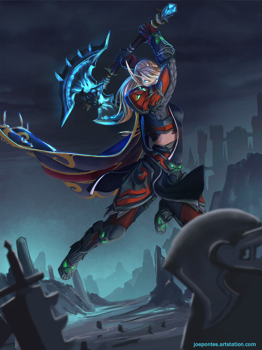 1girl, armor, axe, blood_elf_(warcraft), blue_eyes, cape, death_knight, death_knight_(warcraft)
