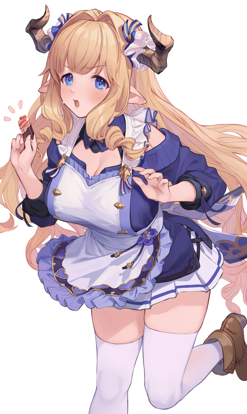 1girl, bangs, blonde_hair, blue_eyes, blush, breasts, chocolate, draph