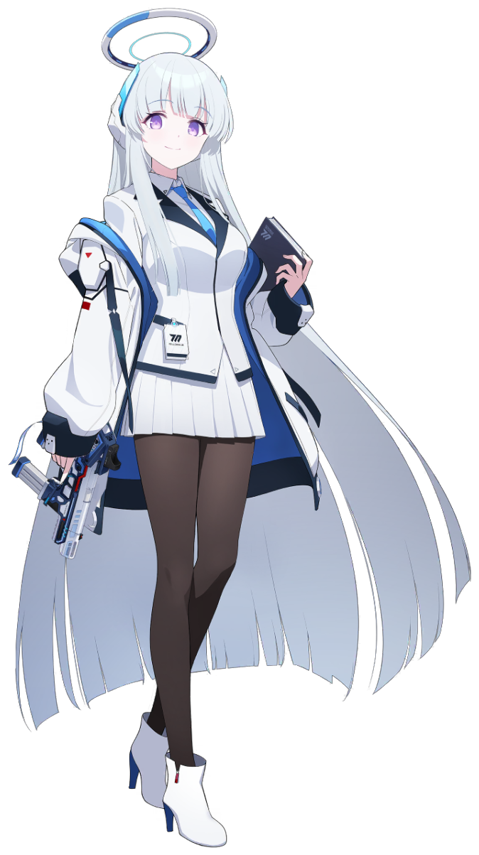1girl, blue_archive, book, boots, full_body, grey_hair, gun, halo