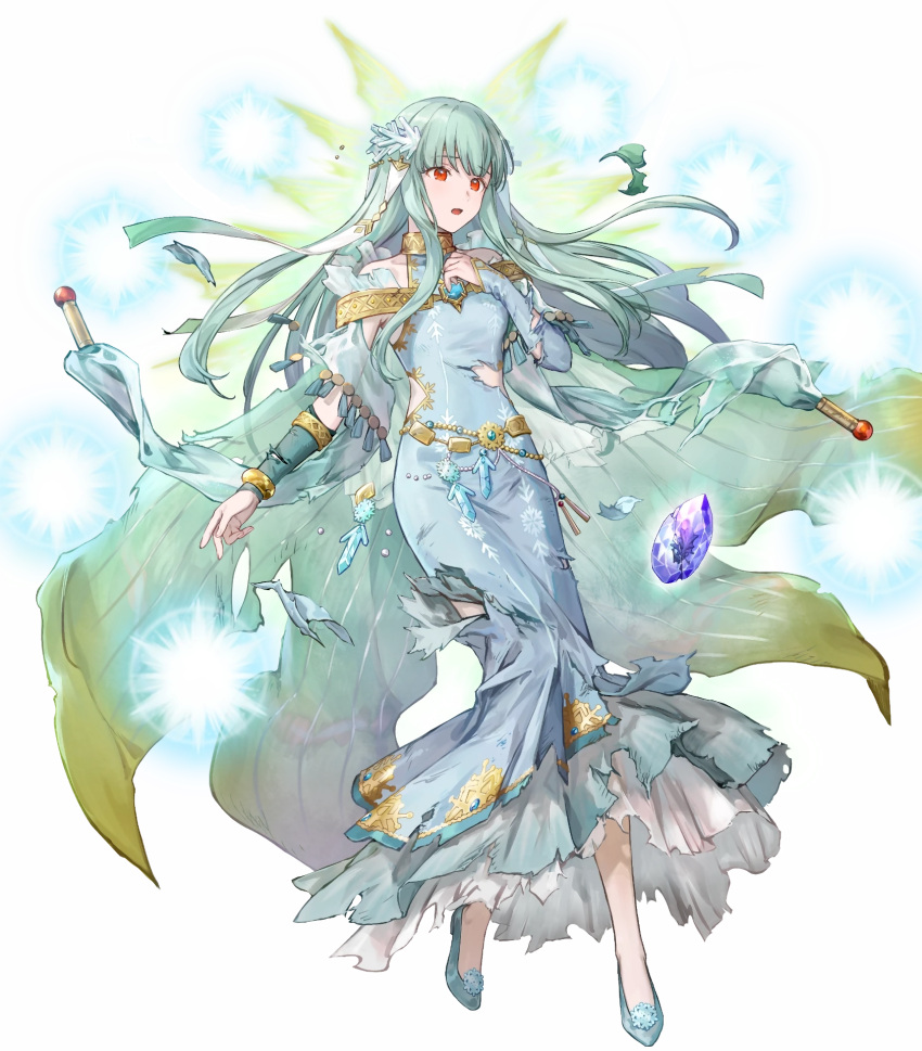 1girl, aqua_hair, azu-taro, bangs, bare_shoulders, breasts, cape, dress