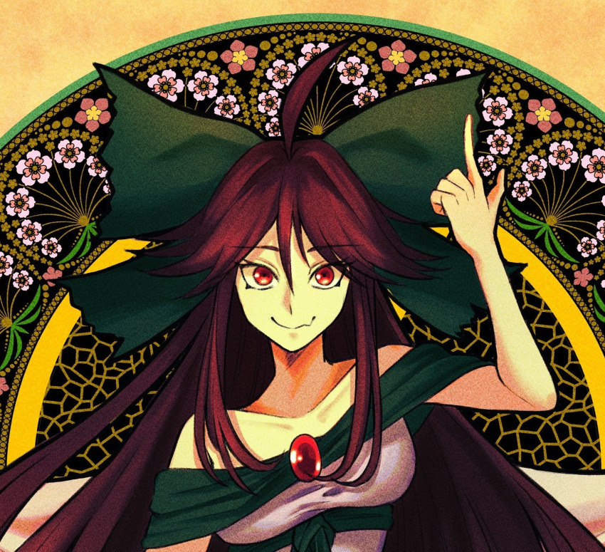 1girl, ahoge, arm_up, bow, brown_hair, closed_mouth, cosplay, equality_taira