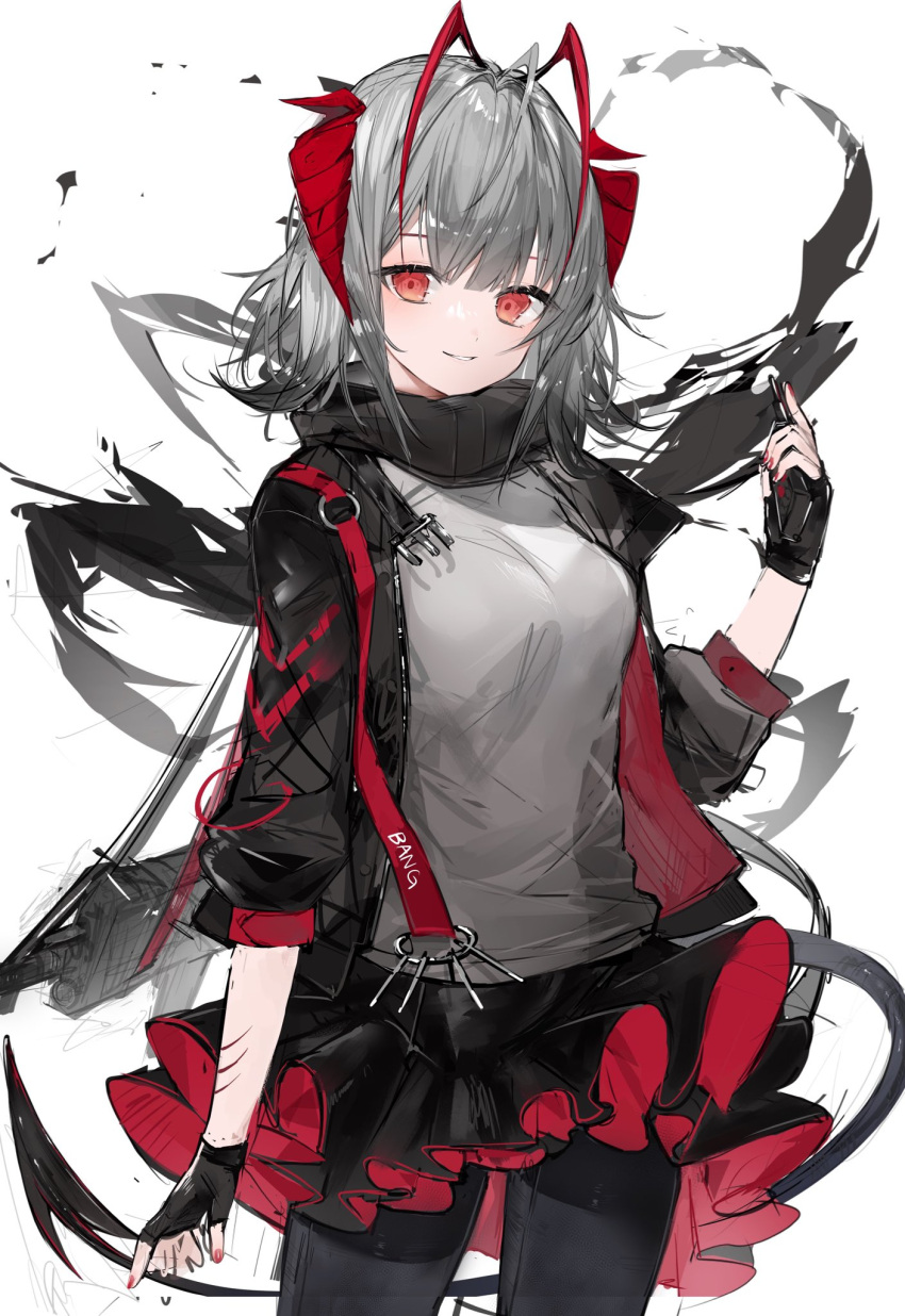 1girl, ahoge, antennae, arknights, black_gloves, black_jacket, black_pantyhose, black_scarf
