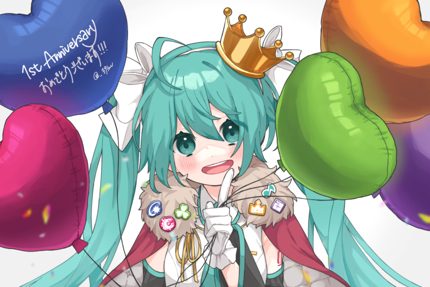 1girl, 25-ji_night_code_de._(project_sekai), :d, anniversary, aqua_eyes, aqua_hair, aqua_necktie, badge