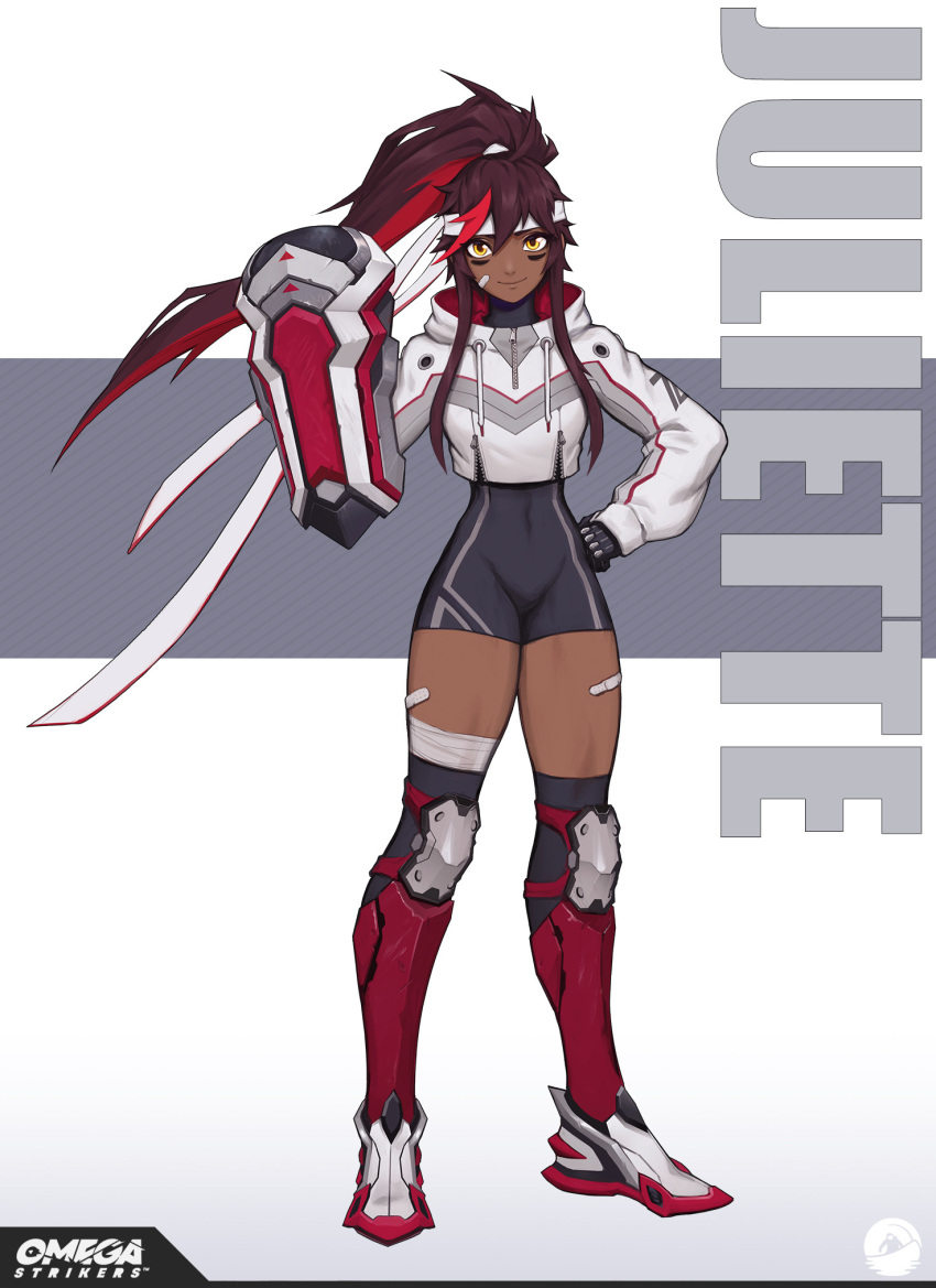 1girl, bandages, bandaid, bandaid_on_face, bandaid_on_leg, crop_top, dark-skinned_female, dark_skin