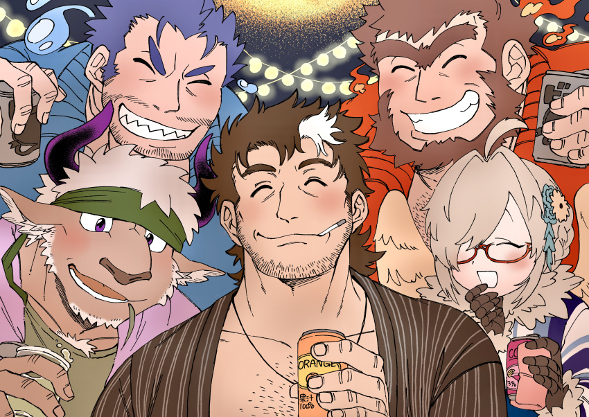 1girl, 4boys, ^_^, ahoge, animal_ears, animal_hands, animal_nose, beard