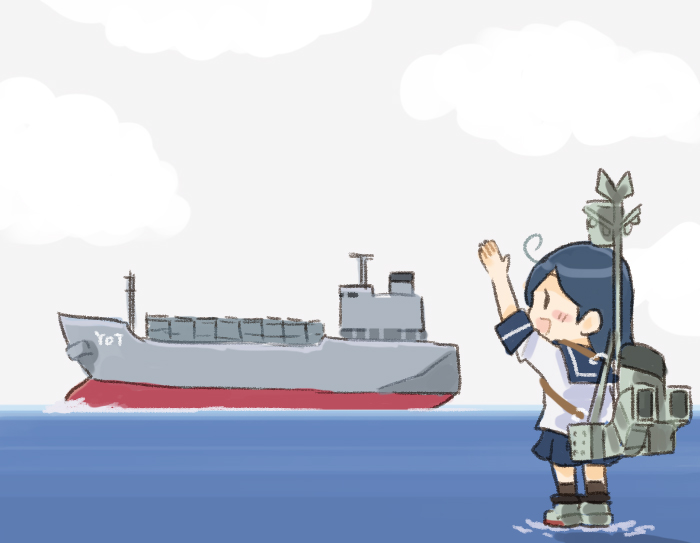 1girl, ahoge, black_hair, blue_sailor_collar, blue_skirt, commentary_request, kantai_collection, long_hair